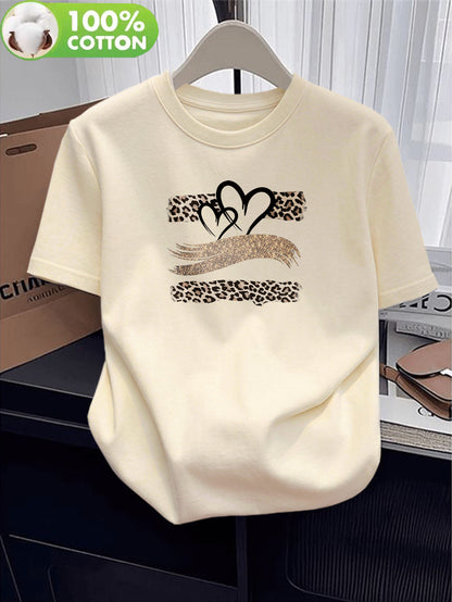Women's Cotton Short Sleeve T-Shirt with Heart Leopard Print