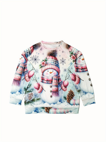 Women's Cozy Christmas Snowman Print Sweatshirt - Cute Pink Sweater with Collar & Raglan Sleeves, Soft Polyester-Spandex Blend Pullover for Winter Parties, Casual Holiday Sweater (Machine Washable)