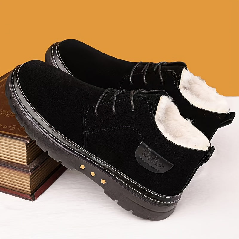 Տղամարդկանց ձեռքով կարված ձմեռային ձնագնացքներ - Կոշիկներ առանց կապիչի, ֆլիսով երեսպատված, տաք, չսահող ռետինե ներբանով, հաստացված մեկուսացումով, սև, ամենօրյա հարմարավետ կոշիկներ ցուրտ եղանակի համար, ամուր և դիմացկուն ներբանով: