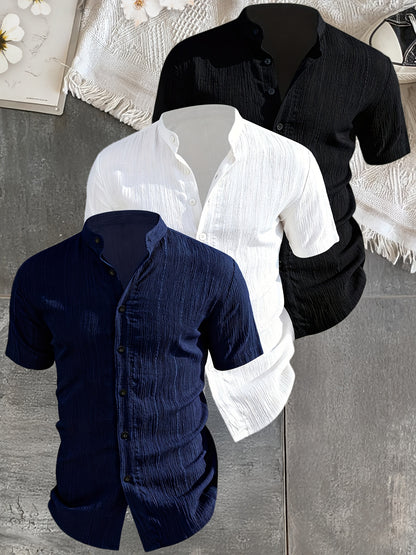 Men's 3-Piece Summer Shirt Set - Lightweight, Breathable, Stand Collar