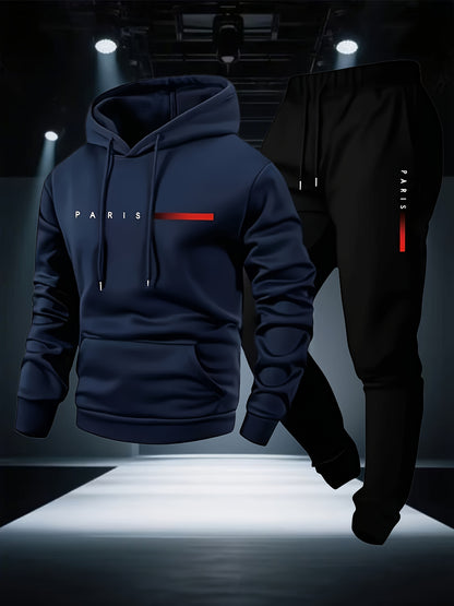 Halloween Men'S Hoodie with PARIS Lettering And Drawstring Sweatpants Set, a Must-Have Outfit for Autumn And Winter, Perfect for Everyday Outdoor Wear - ayq