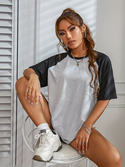 Women's Casual Color Block T-Shirt - Crew Neck, Long Sleeve, Stretch Fabric, Machine Washable - Perfect for Spring/Summer/Fall