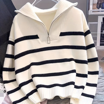 Elegant Striped Zip-Up Knit Sweater - Cozy Acrylic & Polyester Blend, Perfect for Fall/Winter, Cozy Sweater