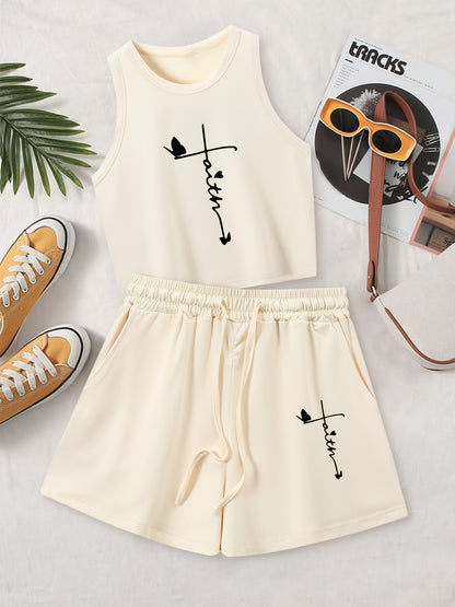 Women's Casual Printed Sleeveless Vest and Loose Shorts Set