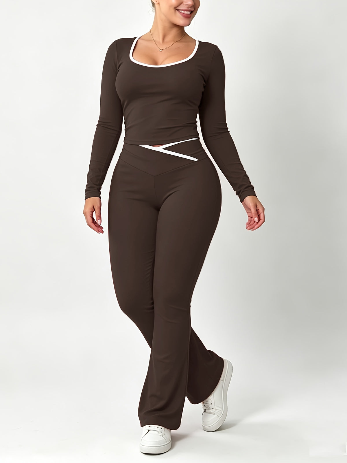 Slim Fit Cross Waist Color Block Crop Pants Set for Fall/Winter - ayq