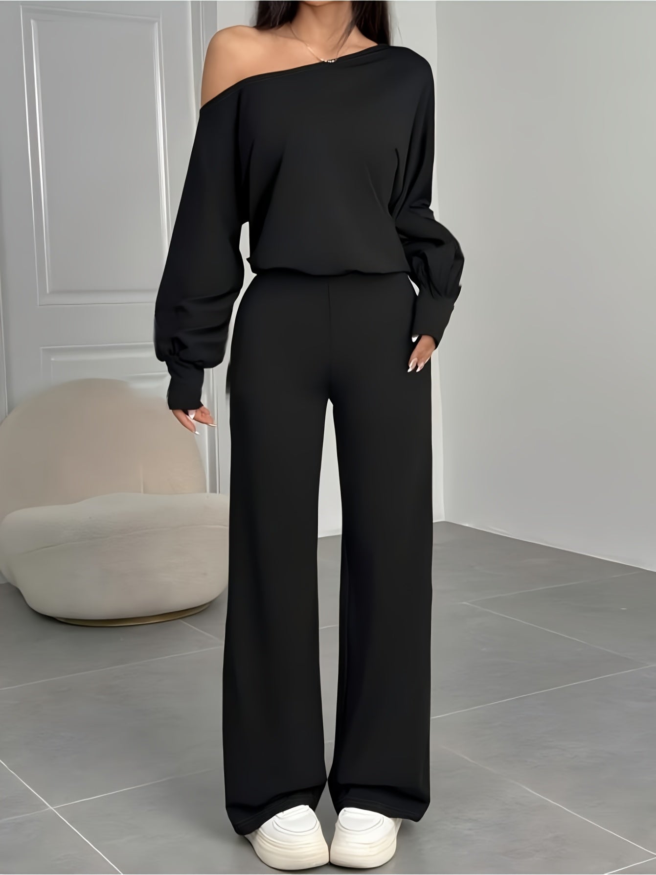 Women'S Asymmetrical Off-Shoulder Top With Bell Sleeves And Straight Pants Set | Solid Color, Elastic Comfort, Ideal For Parties And Street Style - ayq