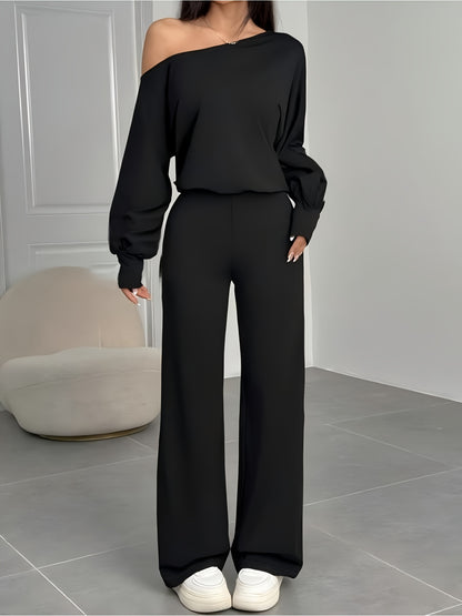 Women'S Asymmetrical Off-Shoulder Top With Bell Sleeves And Straight Pants Set | Solid Color, Elastic Comfort, Ideal For Parties And Street Style - ayq