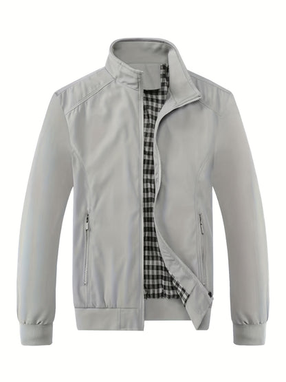 Men's Long Sleeve Zip Up Stand Collar Coat, Business Stand Collar Jacket With Zipper Pockets, Spring Autumn Men's Clothing