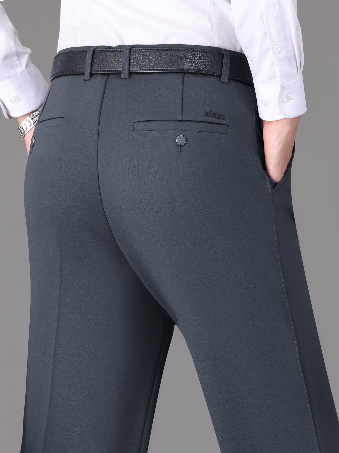 [Lightweight Design] Men's High-Waist Stretch Dress Pants - Wrinkle-Resistant, Dark Blue Business Casual with Pockets, Straight Leg Fit for Spring/Fall