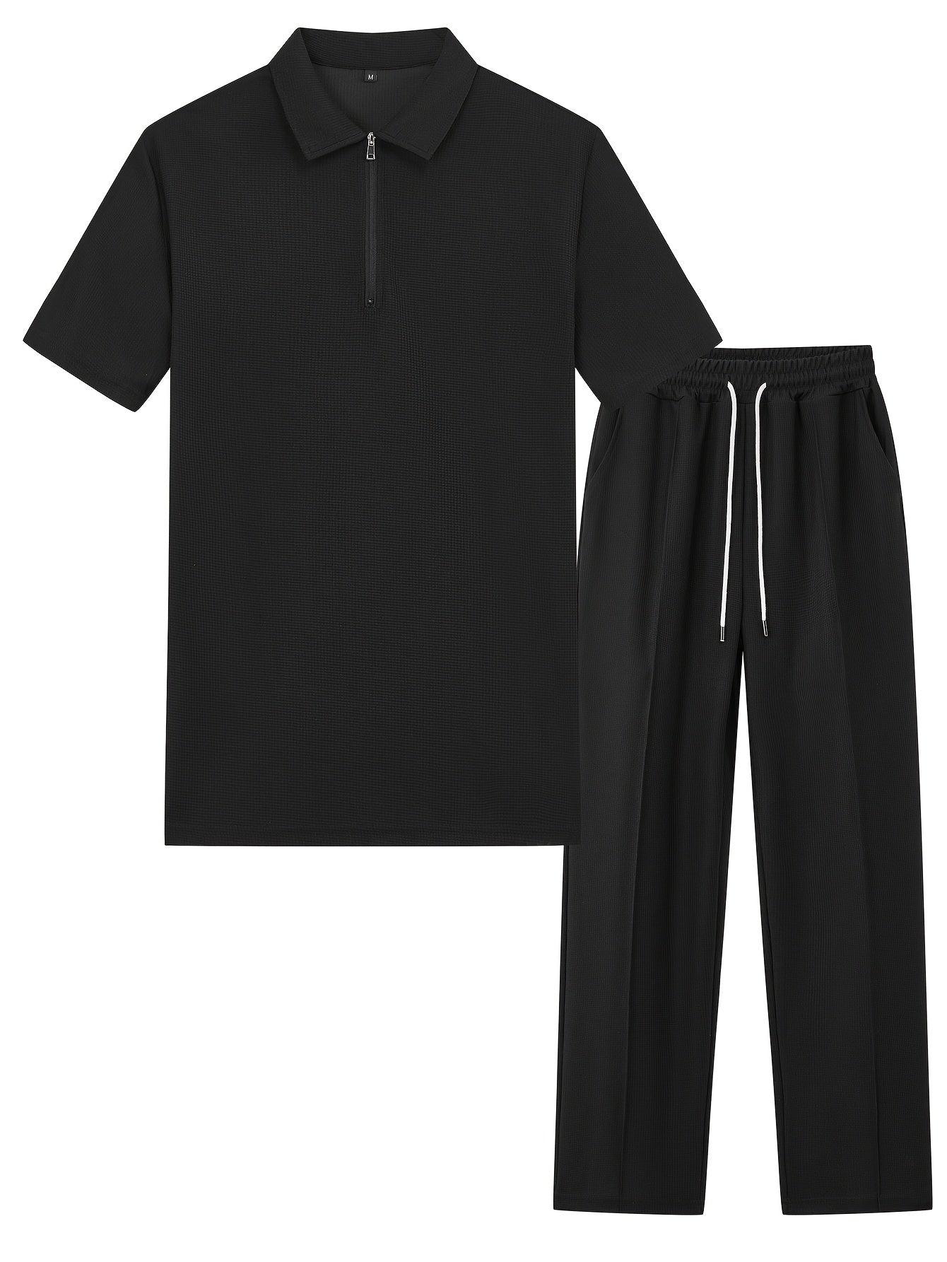 Men's 2pcs Waffle Knit Casual Outfit: Zip-Up Short Sleeve Collared Shirt & Drawstring Pants - Black, Polyester Blend, Ideal for Casual Attire in Spring/Summer