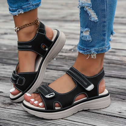 Non Slip Women's Platform Open Toe Sandals, Solid Color Ankle Buckle Strap Casual Outdoor Shoes