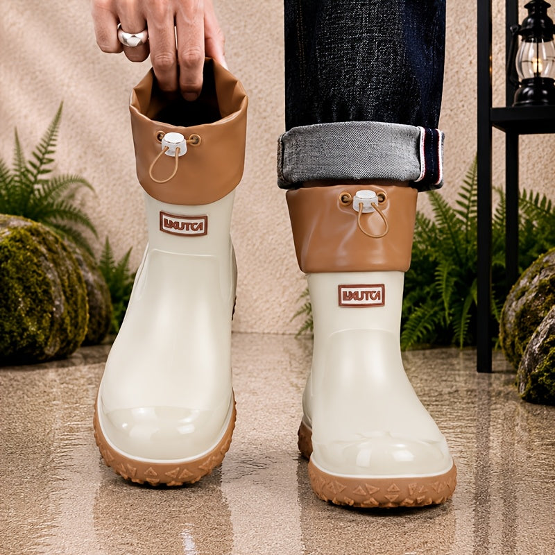 Men's Short PVC Rain Boots with Adjustable Drawstring & Tread Sole