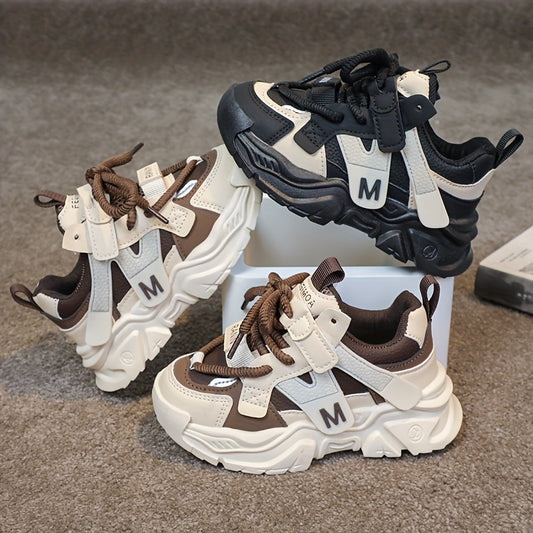 Kids' Chunky Sneakers - Breathable Mesh Running Shoes with Hook-and-loop Fastener Straps, Black & Brown Design for Boys & Girls, Casual & Sporty Style, All-Season Wear, Cute Shoes