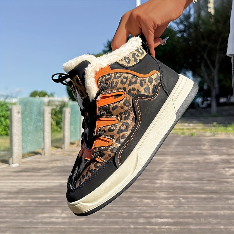 Women'S Stylish Leopard Print Winter Sneakers - Warm Fleece-Lined Casual Shoes with Thick PVC Sole, Black & Orange Design, Perfect for Fall/Winter Outdoor Activities, Winter Sneakers | Leopard Print Shoes | Durable PVC Sole