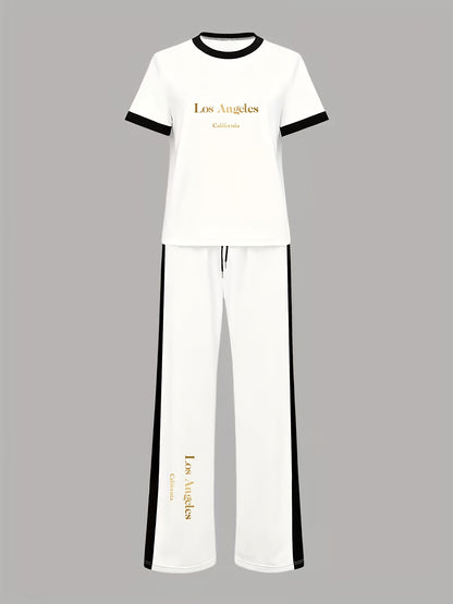 Women's Casual 2pc Polyester Set with Color Block Design