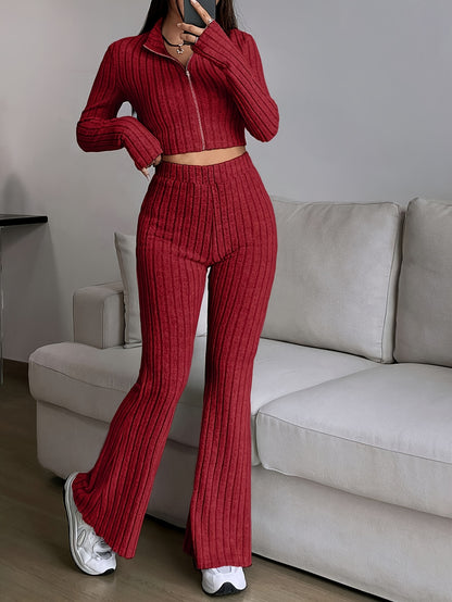 Elegant Zipper Cardigan & Wide Leg Pants Two-Piece Set