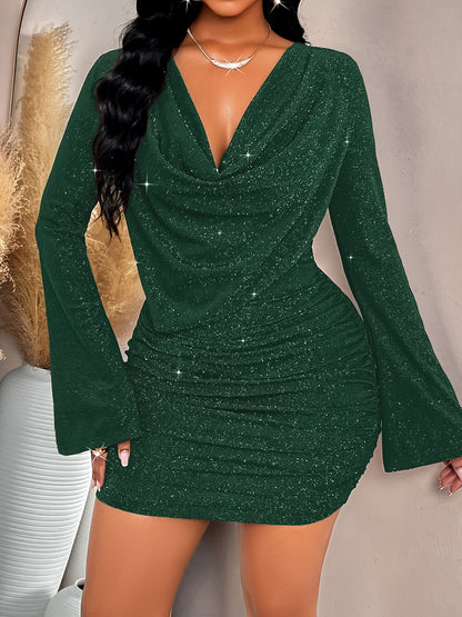 Sexy V-Neck Bell Sleeve Bodycon Dress | Solid Color with Bow Details, and Flattering for Fall/Winter