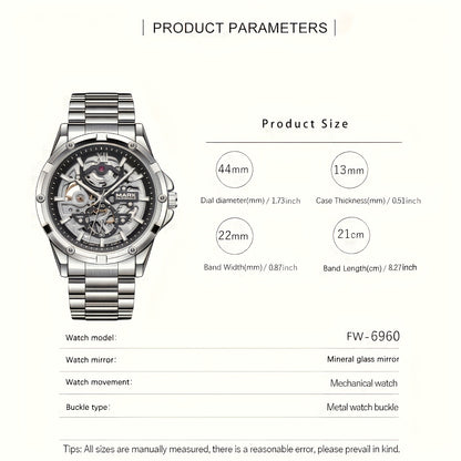 Men’s Mechanical Hollow Skeleton Watch Stainless Steel Business Style