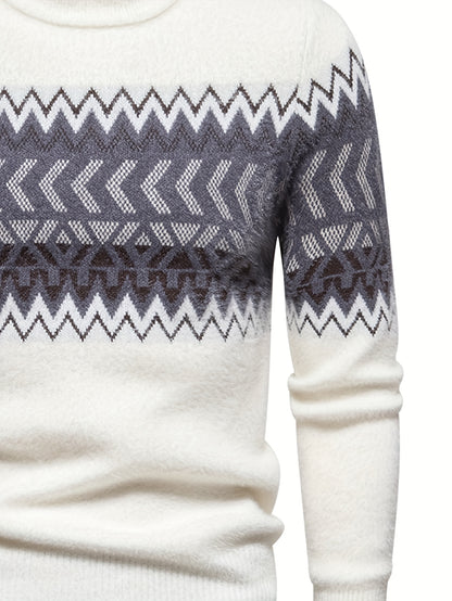 SENMEIGUO տղամարդու ամենօրյա, կլոր վզնոցով տրիկոտաժե սվիտեր՝ հարմարավետ, երկար թևքերով, գծավոր նախշերով, բարձր ձգվող ակրիլային խառնուրդով՝ աշուն/ձմեռ