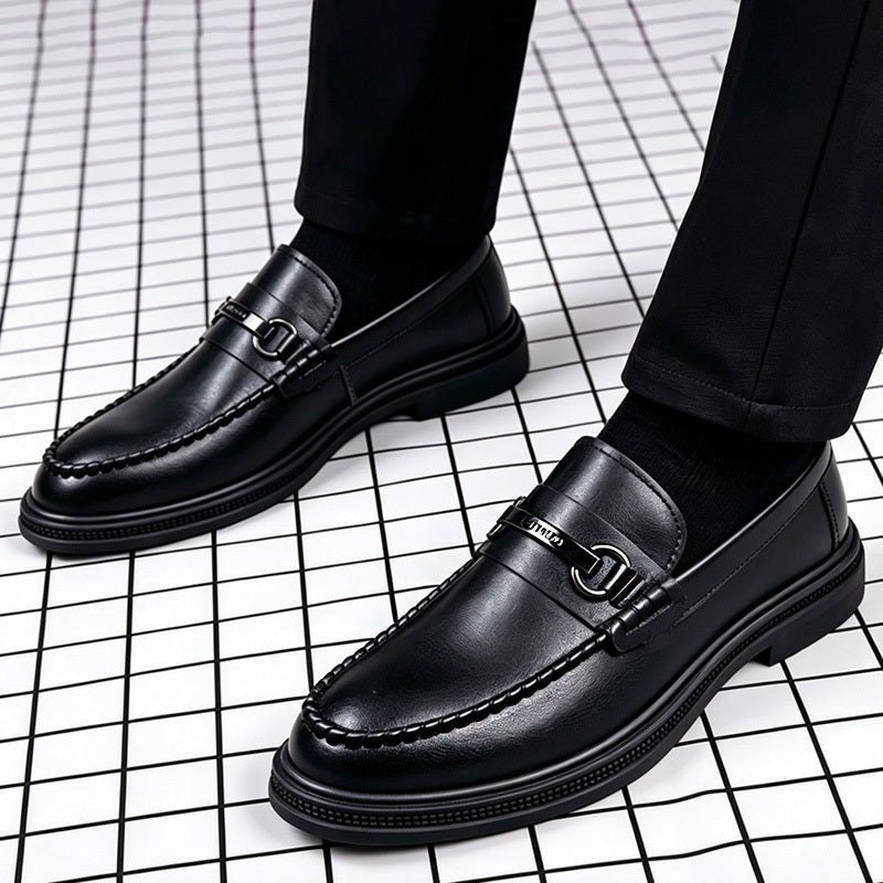 Men's Black Slip-On Business Casual Shoes with Metal Buckle