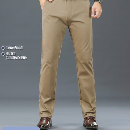 Men's Solid Color Straight Leg Business Style Cotton Blend Pants, Casual Comfy Breathable Outdoor Trousers As Gift