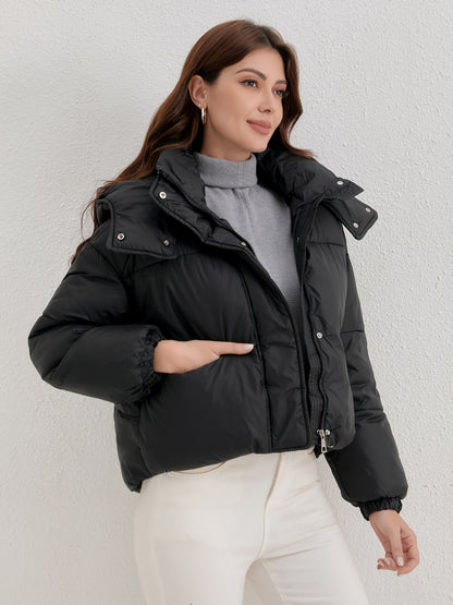 Women'S Lightweight Hooded Jacket - Warm Winter Coat with Full-Zip Closure, Stand Collar, Outer Shell - Easy-Care Cold Weather Outerwear for Everyday & Formal, Winter Jacket, Casual Winter Wear, Highneck Design, Durable Winte