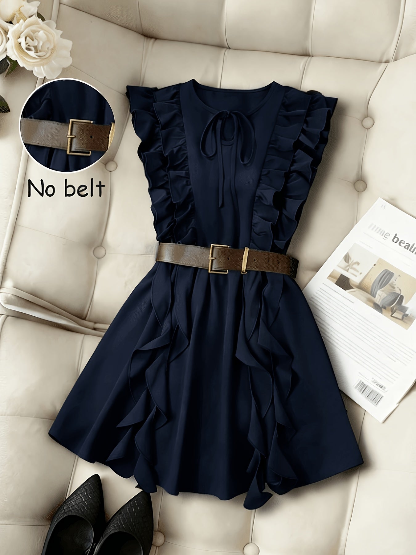 Vintage Waist-Cinching Solid Ruffle Mini Dress for Women