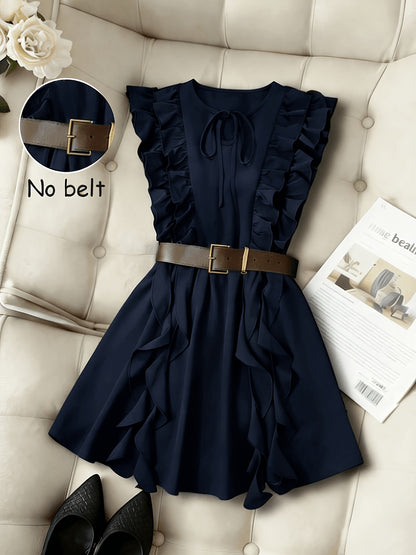 Vintage Waist-Cinching Solid Ruffle Mini Dress for Women