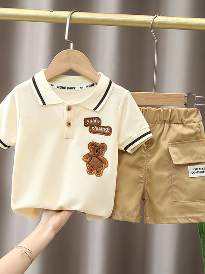 Kids' Cotton Animal Print Short-Sleeve T-Shirt Set, Casual Lapel Style