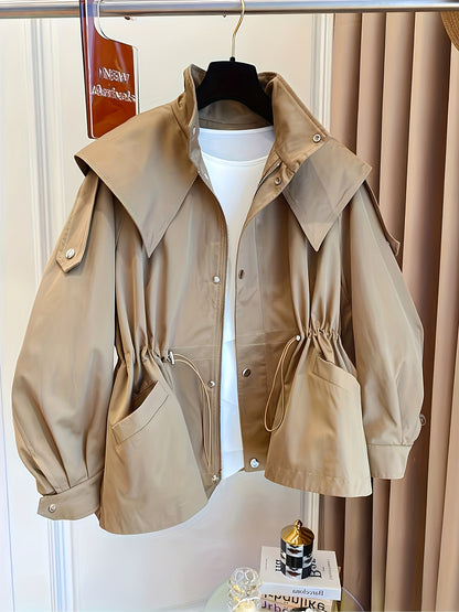 Կանացի միագույն պոլիեսթերային վերարկու՝ լարով գոտկատեղի, օձիքի և կրծքավանդակի գրպաններով - Գարնանային և աշնանային նորաձևություն, հարմարավետ, չձգվող գործվածք, ամենօրյա վերնազգեստ | Դասական երկար թևքեր | Չձգվող նյութ