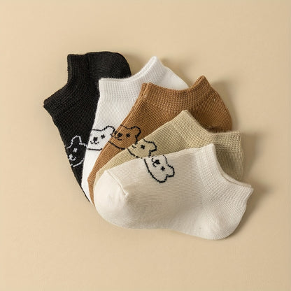 5pcs Adorable Bear Pattern Low-Cut Ankle Socks for Youngsters & Youngsters - Soft, Stretchy Polyester Blend, Machine Washable - Perfect for All Seasons, Available in Brown, Beige, White, Black, Youngsters Ankle Socks|Cute Bea