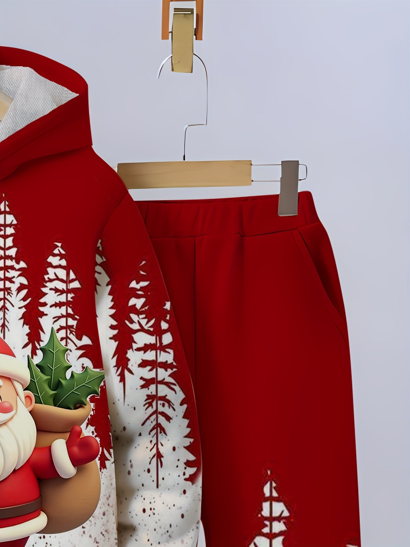 Boys' & Girls' 3D Hooded Sweatshirt & Pants Set - Santa Claus & Snowman Print, Loose Fit Long Sleeve Pullover with Pockets, Red & Winter Outfit for 4-14 Years, for Outdoor, Christmas, Halloween, Thanksgiving, New Year's, Wint