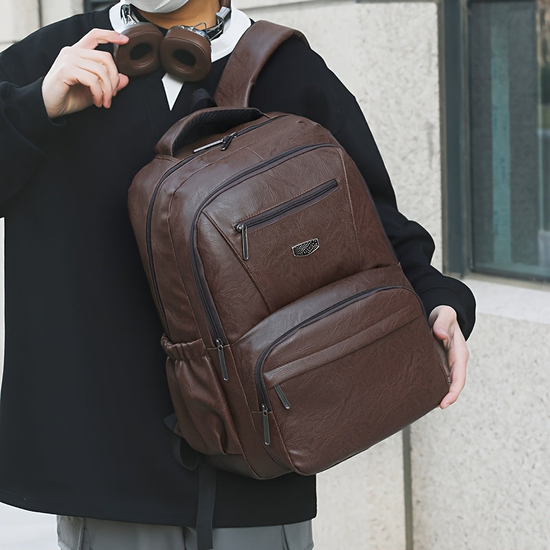 Men's Vintage PU Large Capacity Multi-Pocket Backpack, Casual Commuter Travel Backpack - ayq