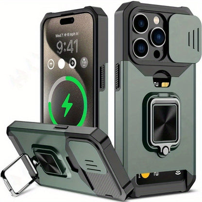 Retro PVC Phone Case with Sliding Camera Slot and Ring Stand
