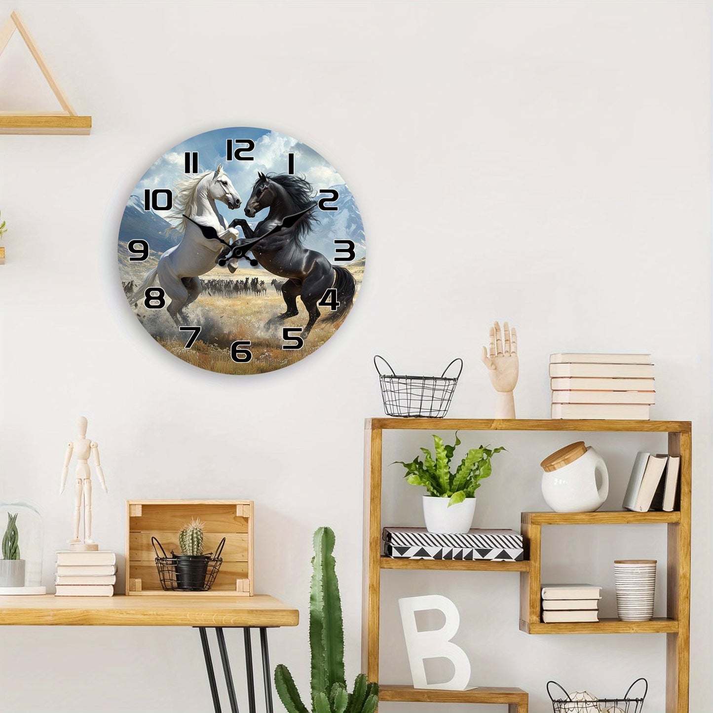 A Wooden Wall Clock with a Fantasy Theme Featuring a Design of Two Horses Facing Each Other, a Silent Clock Suitable for Decorating Living Rooms, Bedrooms, Kitchens, And Offices, Making It an Exciting Gift for Birthdays And H