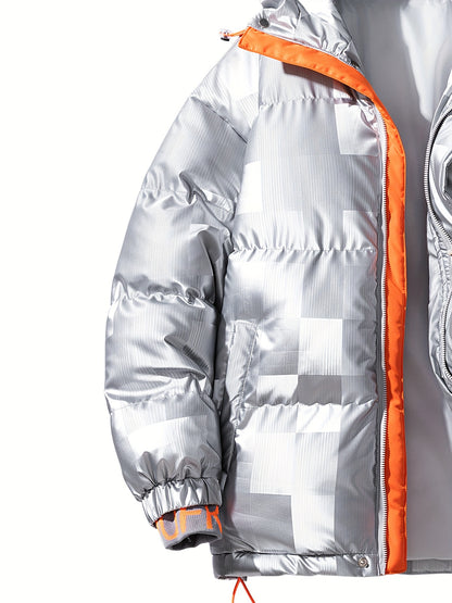 Men's Checkered Graphic Print Padded Outwear With Pockets, Casual Zip Up Long Sleeve Warm Hooded Outwear For Winter Outdoor Activities