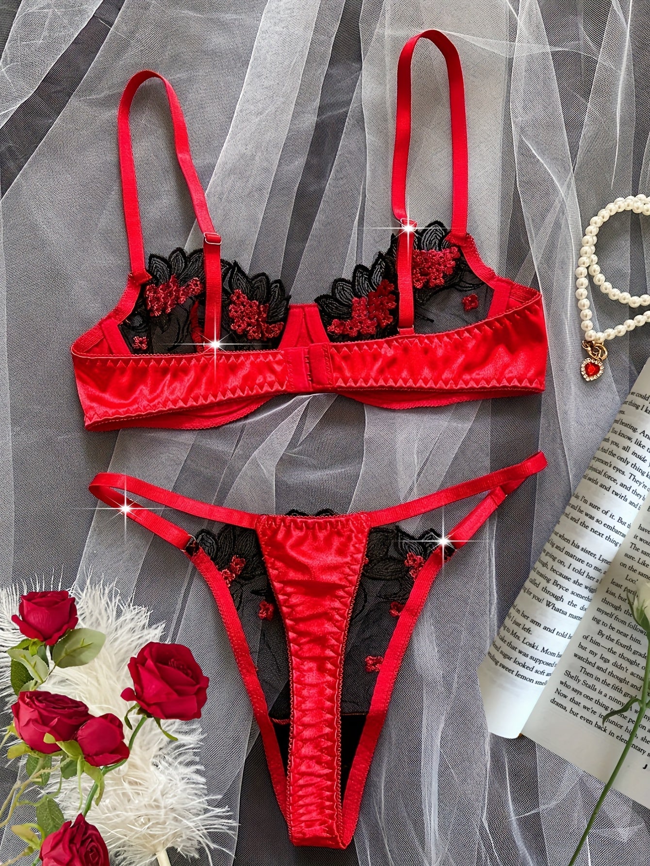 Women'S Floral Embroidery Mesh Bra and Panty Set, Sexy See-Through Lingerie, Medium Support Knit Fabric, Polyester 95% Elastane 5%, Party Style, Adult Romantic Underwear for Dating & Parties
