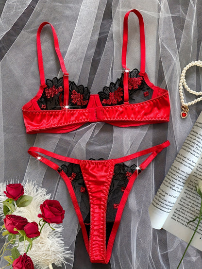 Women'S Floral Embroidery Mesh Bra and Panty Set, Sexy See-Through Lingerie, Medium Support Knit Fabric, Polyester 95% Elastane 5%, Party Style, Adult Romantic Underwear for Dating & Parties