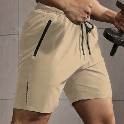 Super Thin Men's Casual Simple Style Comfy Shorts, PERFORMANCE Letter Print Home Pajamas Bottom With Zipper Pockets And Drawstrings, Men's Summer Outdoor Fitness Clothing