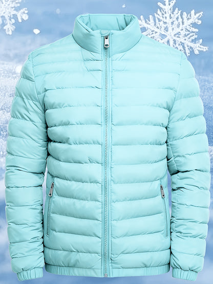Men's Stand Collar Winter Jacket with Zipper and Fiber Filling
