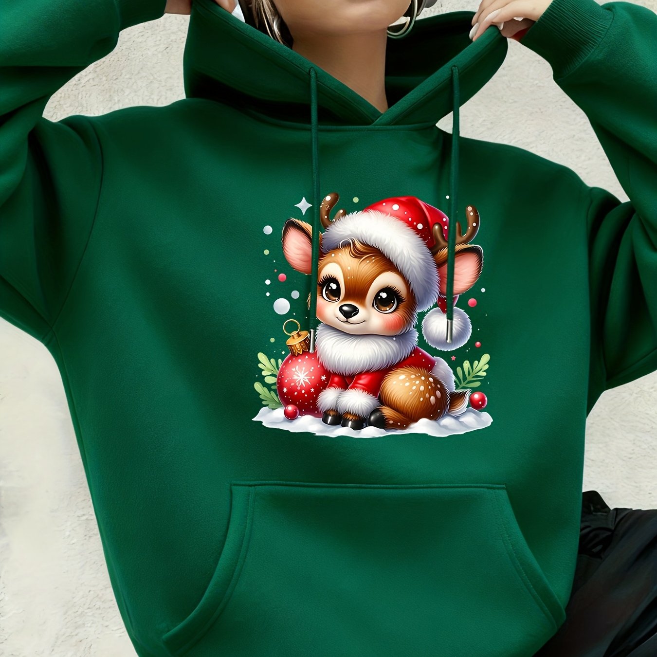 Women's Hooded Sweatshirt, Christmas Fashion Loose Elegant Long Sleeve Drawstring Hoodie, Atmospheric Print Red/Dark Green/Tender Pink/Violet Hooded Sweatshirt, Holiday Gift, Women's Clothing