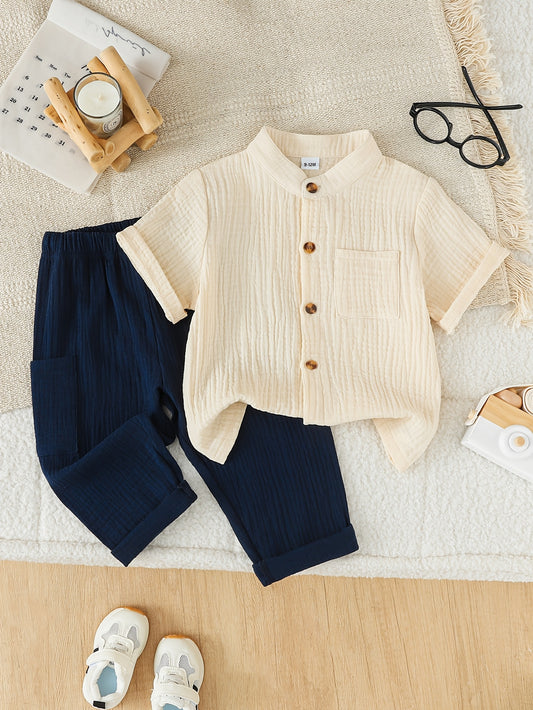 Boys' Casual Spring/Summer Set Stand Collar Shirt & Pants
