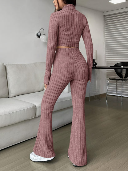 Elegant Zipper Cardigan & Wide Leg Pants Two-Piece Set