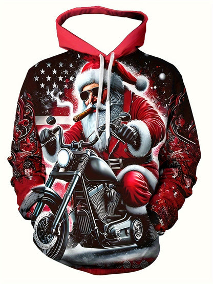 Plus Size Men'S Festive Santa Claus Motorcycle Hoodie - Long Sleeve, Casual Pullover with Drawstring and Kangaroo Pocket, Polyester, Machine Washable - Perfect for Autumn and Winter Street Style | Christmas Claus Motor Print