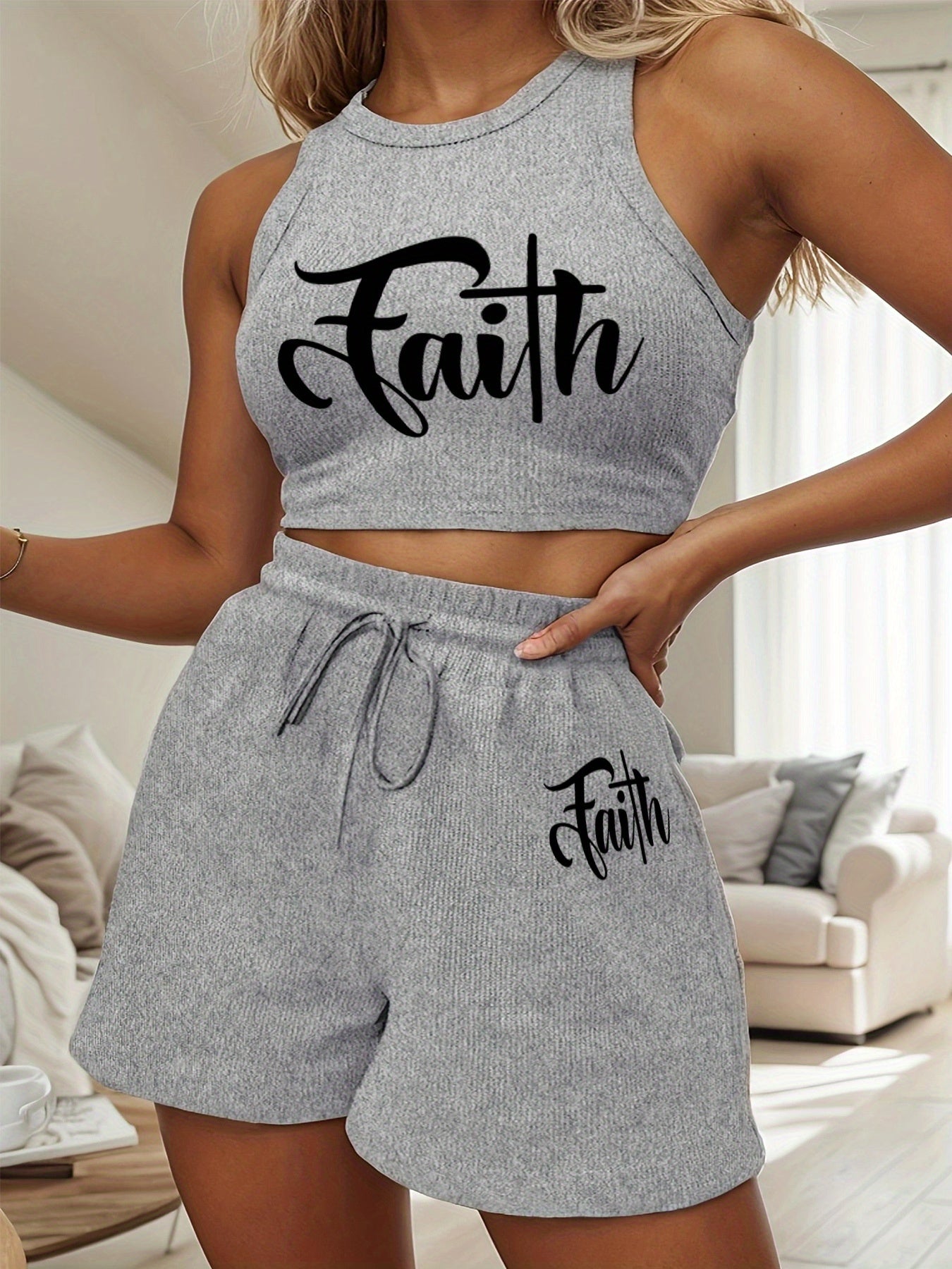 Women's Casual Two-Piece Set with English Print & Wide Leg Pants