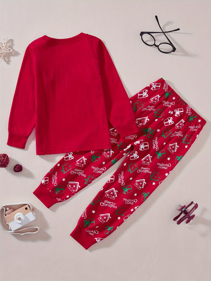 Սուրբ Ծննդյան գիշերանոցների հավաքածու տղաների և աղջիկների համար, կարմիր, Ձմեռ պապիկից, բամբակյա, կրակակայուն կոստյում, Սուրբ Ծննդյան նվեր, սահնակ, մեքենա, կարմիր, գիշերանոցների հավաքածու, երկու կտոր