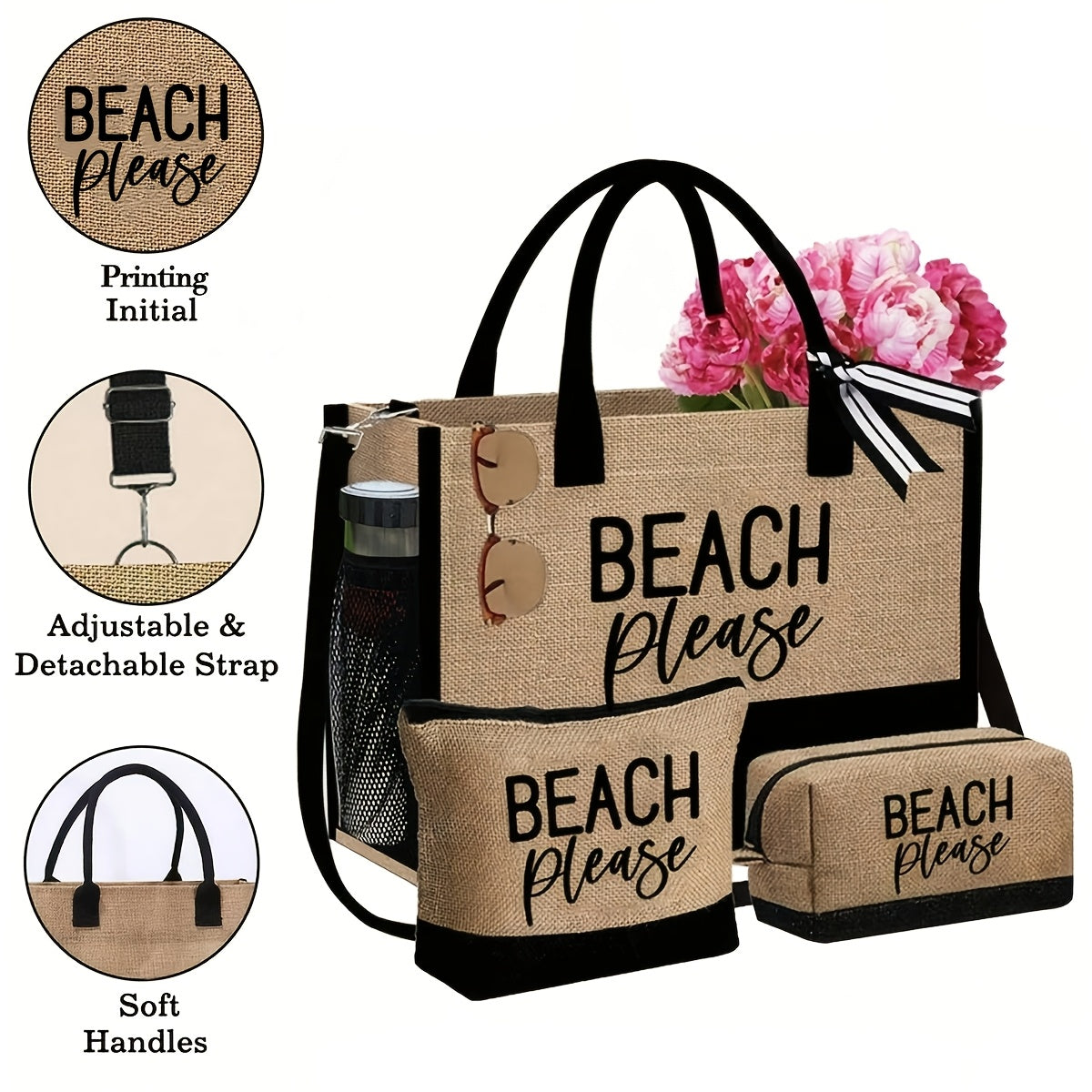 Women's Beach Tote Bag with 'Beach Please' Print - Large Capacity