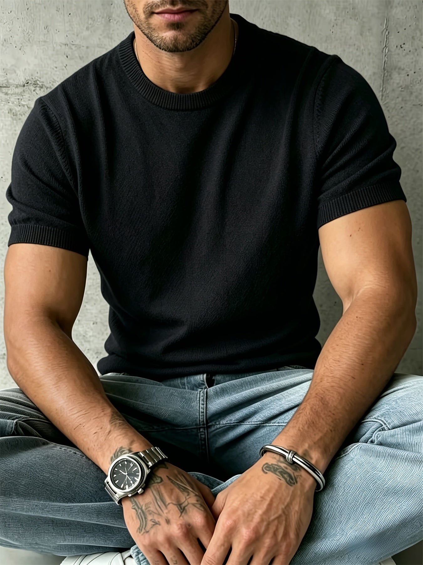 Men's Casual Knit Short Sleeve Crew Neck Sweater