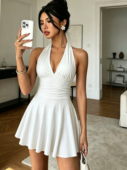 Elegant Women's V-Neck Backless Bodycon Pleated Mini Dress