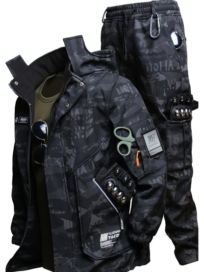 Men's Warm Fleece Casual Jacket and Pants Set for Winter